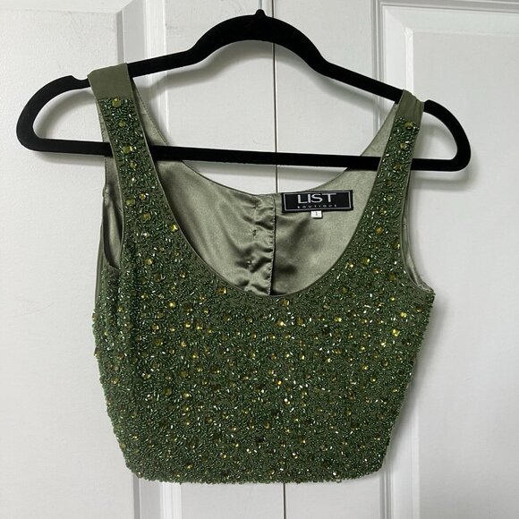 Y2K List Beaded Floral Tank Top Womens Green Vintage Italy Cropped 2000s - Picture 1 of 10